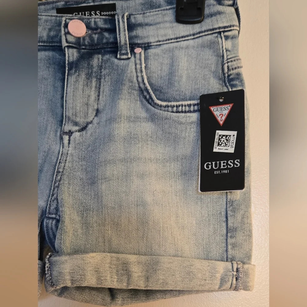 GUESS Girls' Big Rhinestone Logo Stretch Denim Shorts - Picture 2 of 10